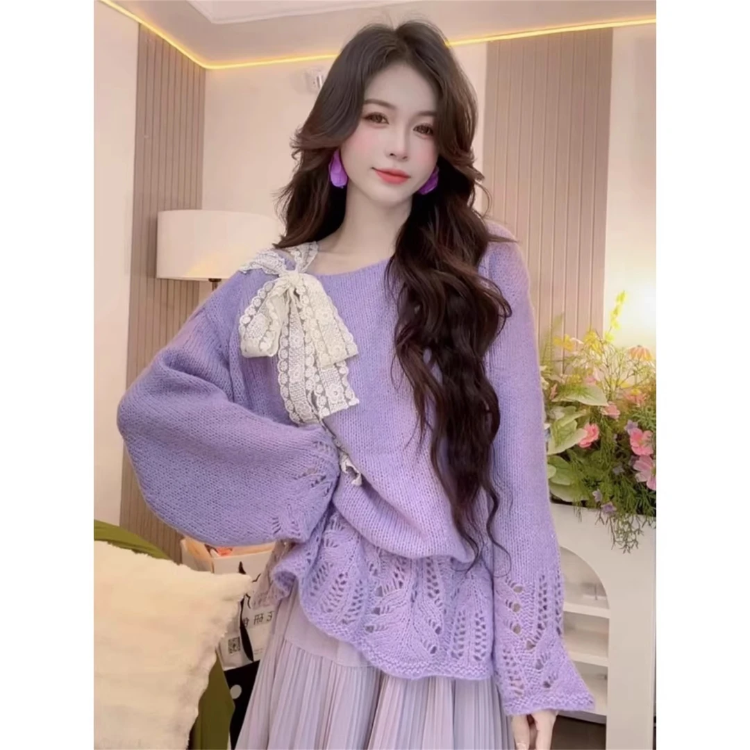 法式甜美蕾丝蝴蝶结镂空针织衫女秋季大码胖MM宽松遮肚设计感上衣