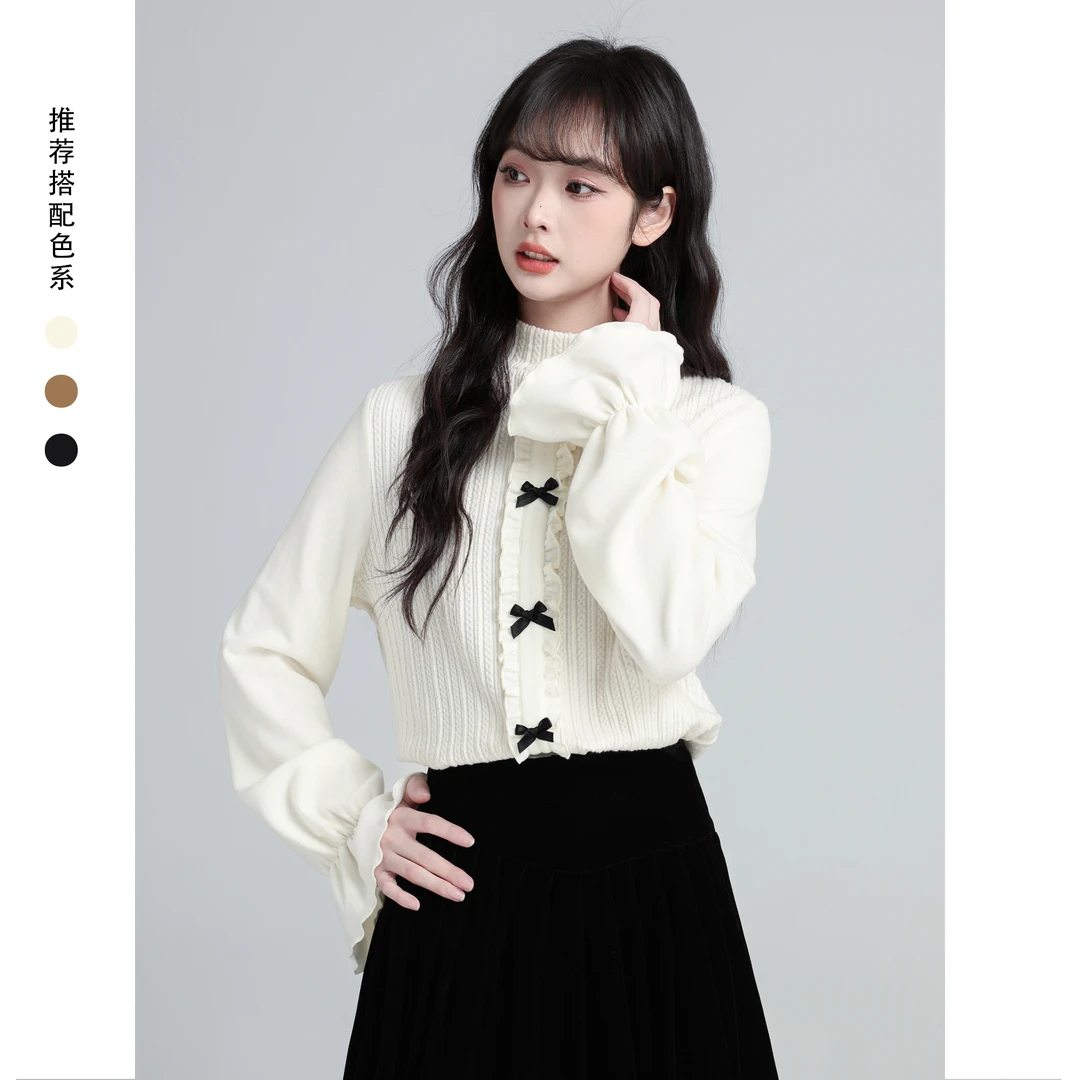 米白色半高领针织打底衫女秋冬2025冬季新款内搭可外穿蝴蝶结上衣
