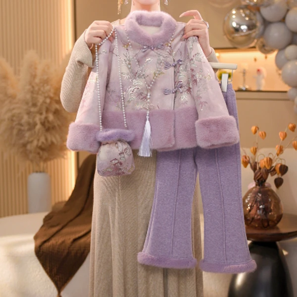 【米拉8】女童国风加绒加厚紫毛毛衣外套2025冬保暖季中大童棉服222