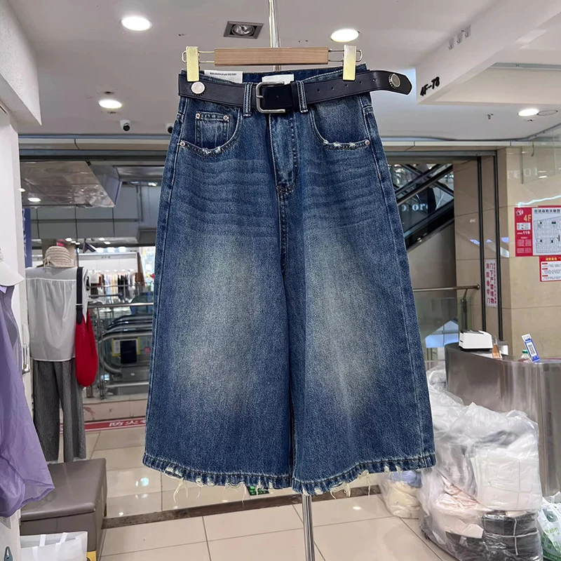 美式复古磨白设计阔腿裤2025夏季新款高腰宽松显瘦洗水牛仔7分裤