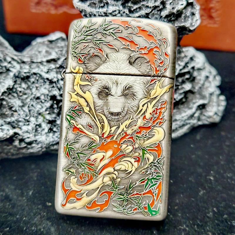 Zippo打火机正品 纤巧盔甲镀银鎏金珐琅彩功夫熊猫3D浮雕镶嵌DYJ1