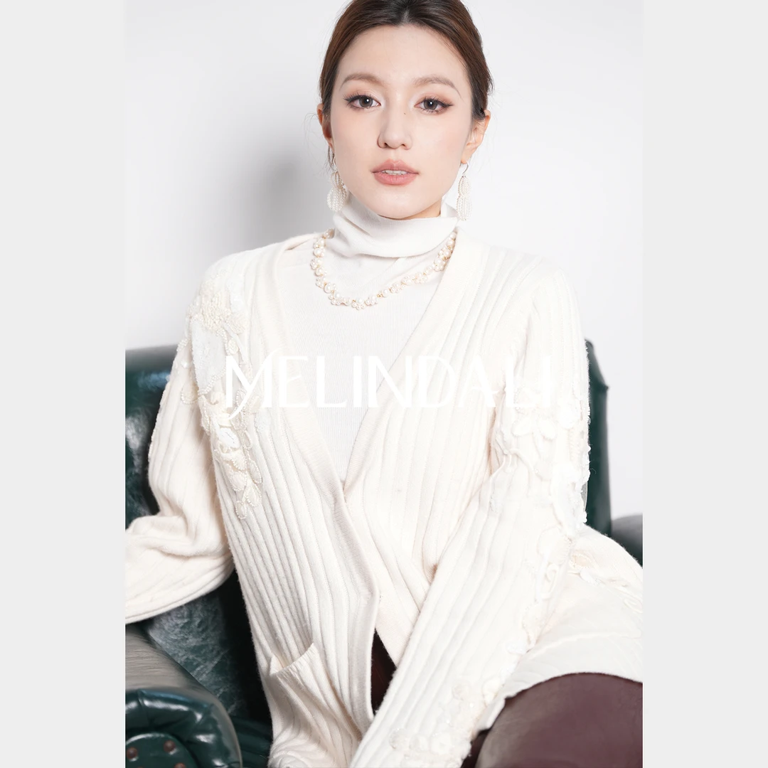 Melinda Li【花满枝】早秋法式轻奢重工花卉钉珠贴布绣羊毛针织开衫