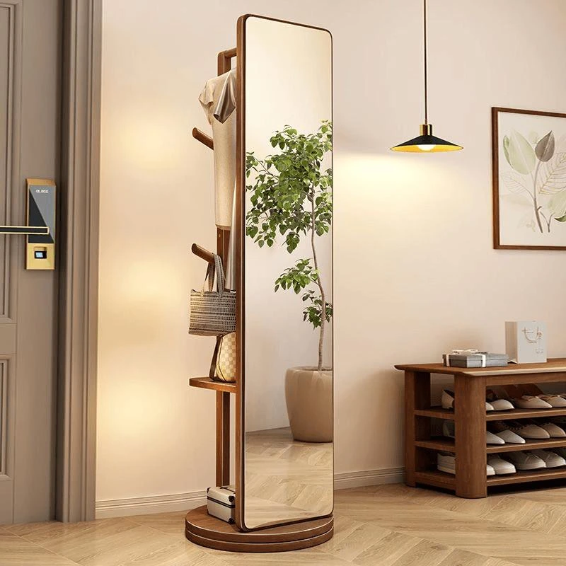 新疆包邮实木穿衣镜全身镜家用可旋转挂衣架落地镜收纳架加大卧室