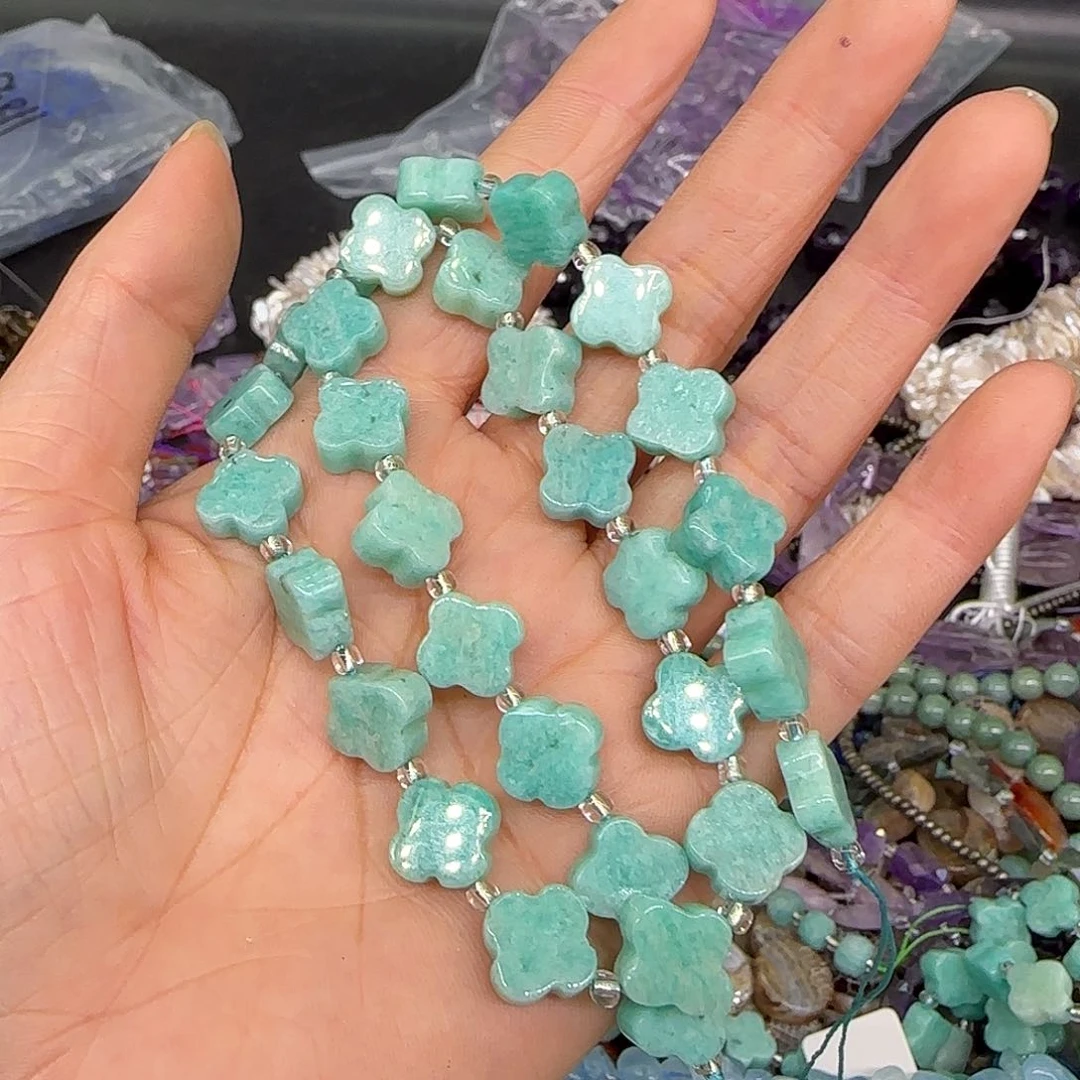 玛瑙/玉髓合金珠宝半成品天河石10mm四叶草一条