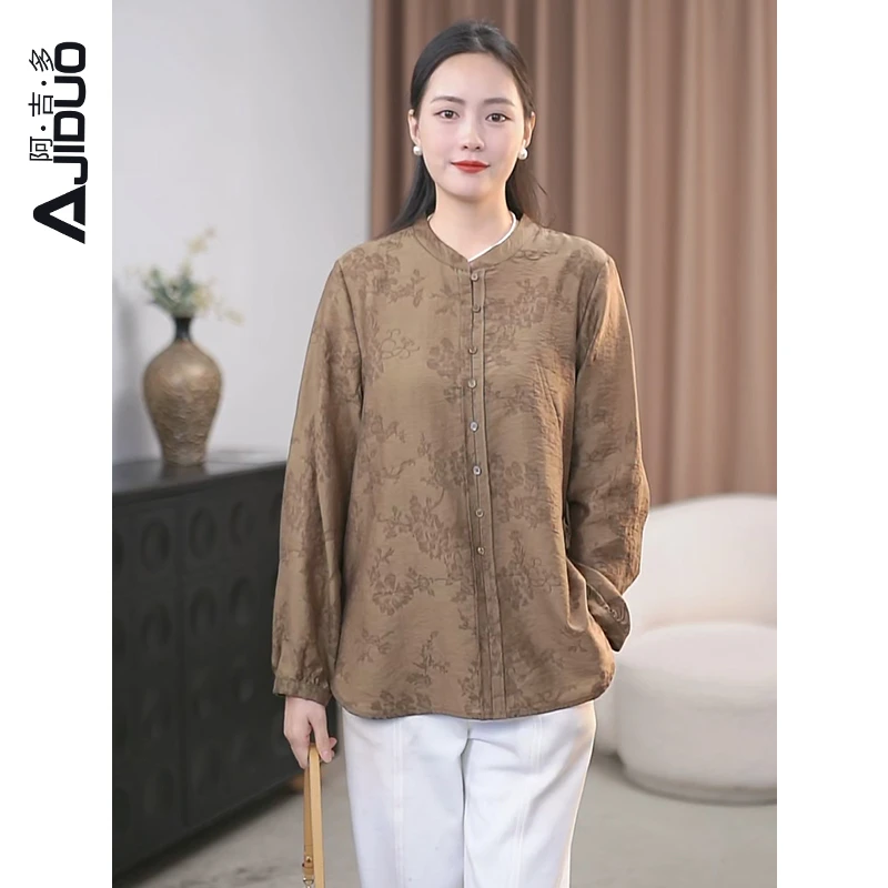 阿吉多A32377秋季新款大码妈妈装复古提花衬衫文艺休闲宽松衬衣