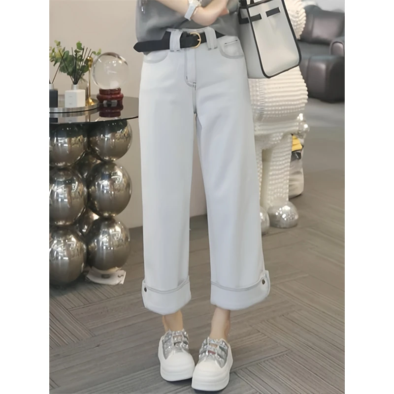 欧货月光灰牛仔裤女2025春夏新款大码梨型时尚休闲直筒八分烟管裤