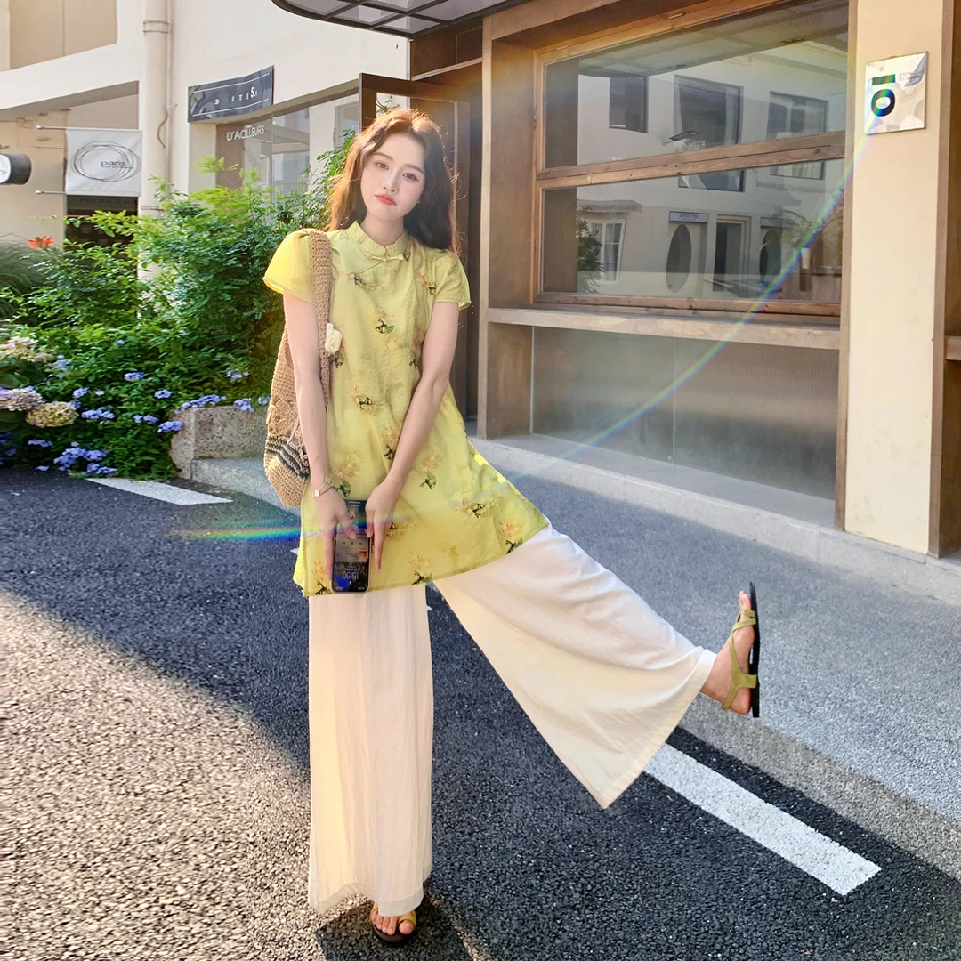新中式国风印花上衣阔腿裤套装女夏2025新款独特漂亮超好看两件套