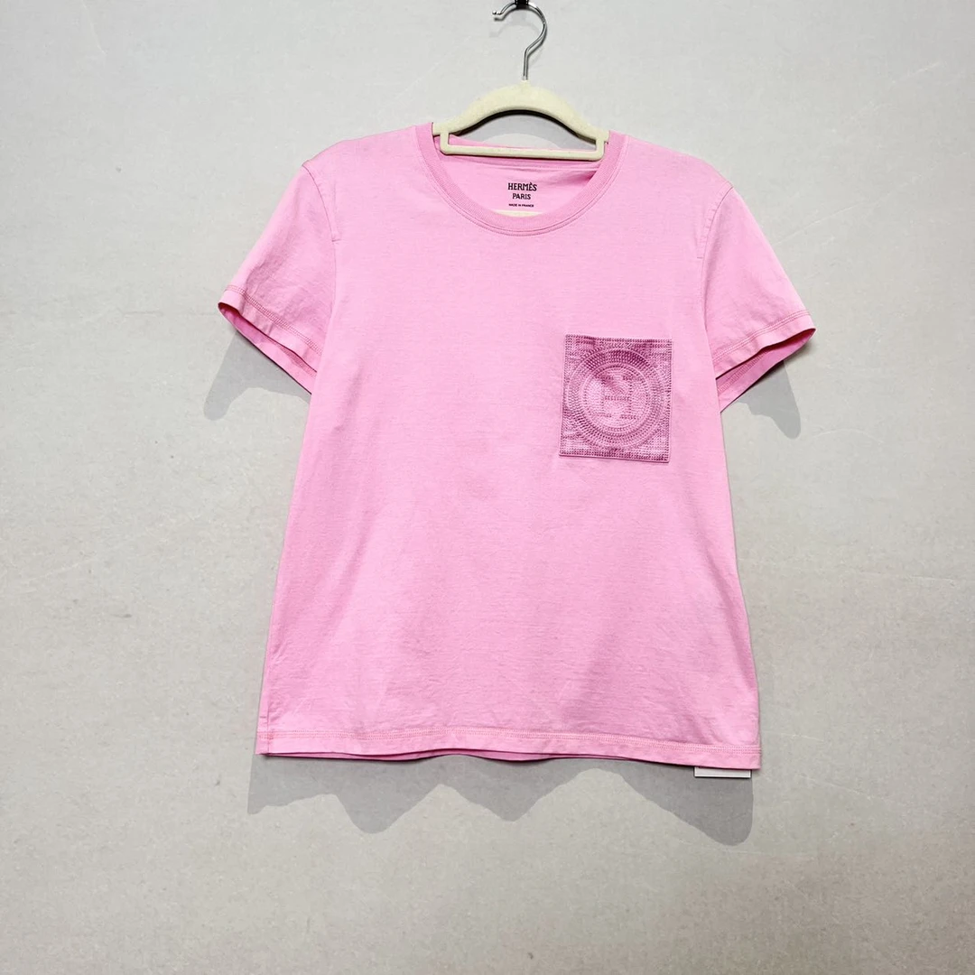 99新 Hermes/爱马仕 SS23 纯色Logo刺绣套头T恤 女款 玫瑰粉 38码
