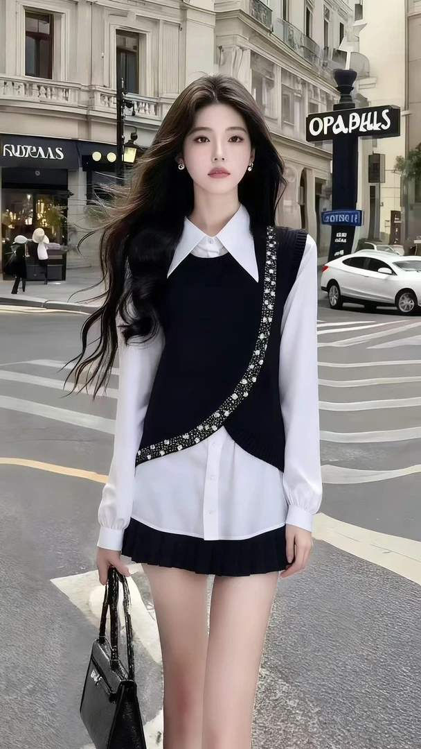 轻奢气质名媛穿搭撞色翻领长袖拼接设计感上衣+黑色半身裙两件套
