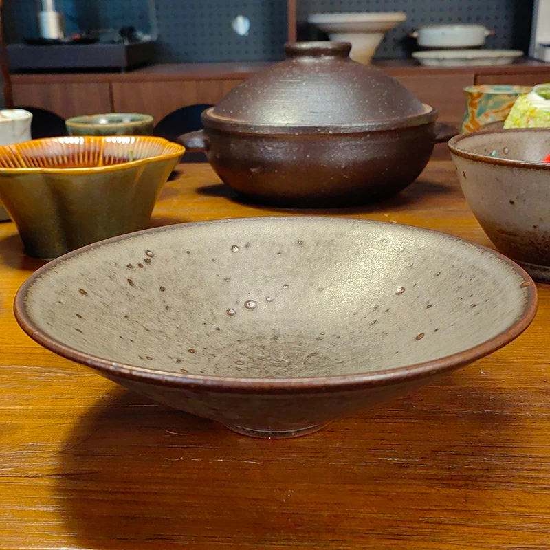 【陶烟锈点斗笠盘】|中式古朴手作粗陶螺纹盘