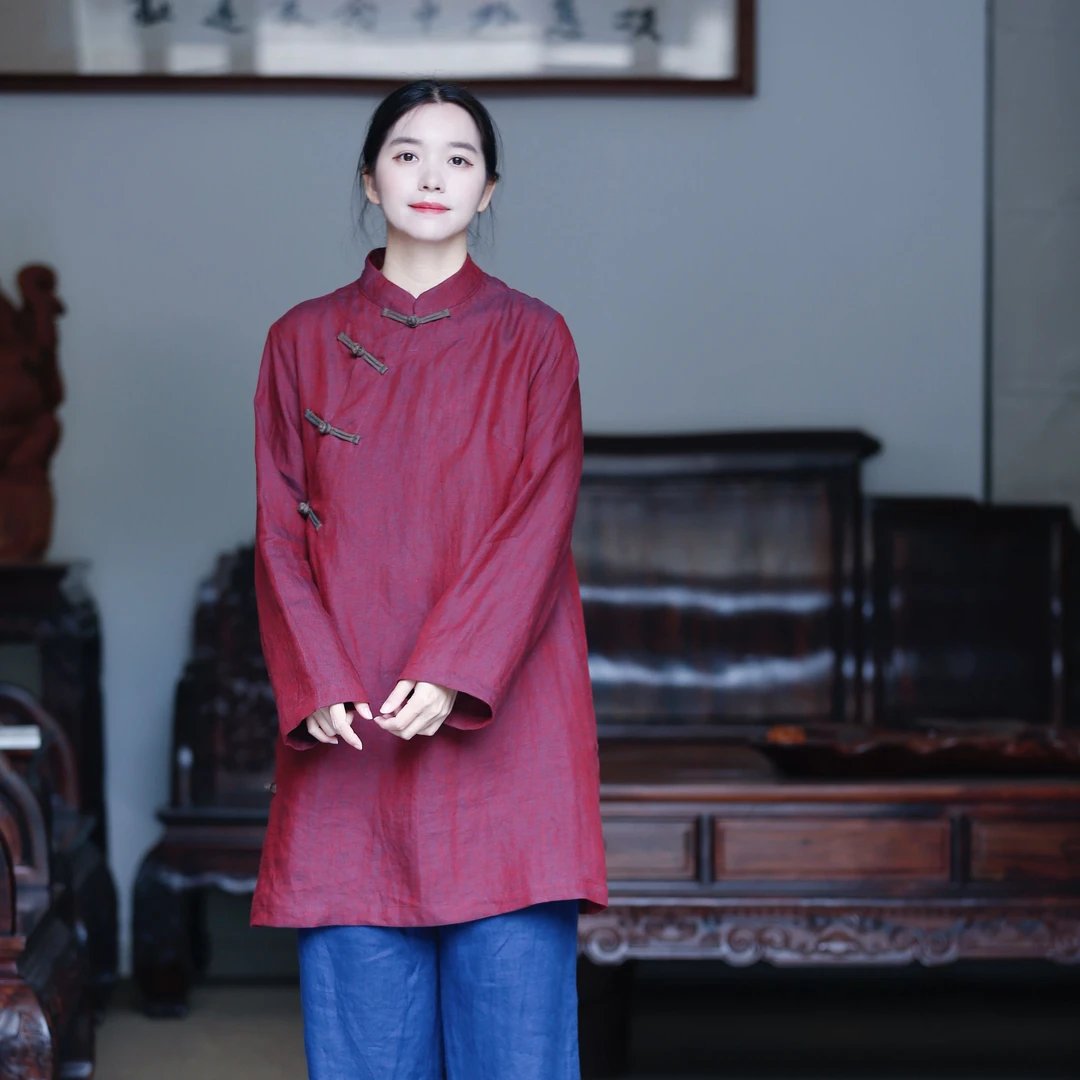 色织亚麻中式袍子 2025开门红新款爆款 全开襟中长款旗袍裙36338