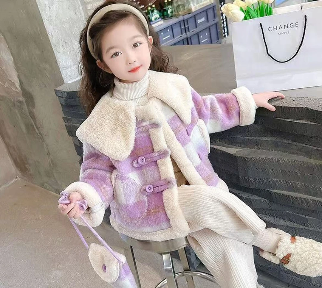 N38紫格格女童毛呢加绒加厚格子外套时尚韩版保暖冬装连帽上衣