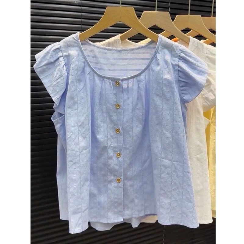 法式钩花镂空圆领飞飞袖衬衫女夏季新款短款宽松显瘦休闲小衫上衣