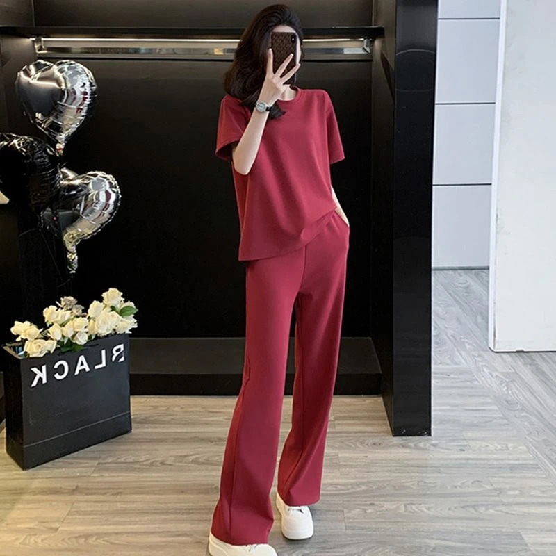 韩版新款纯色休闲运动套装女圆领T恤夏季宽松短袖长裤时尚两件套