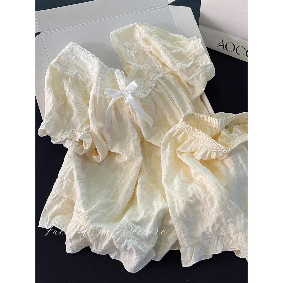 2025年夏季新款睡衣女生纯棉杏色蝴蝶结短袖短裤公主风家居服套装