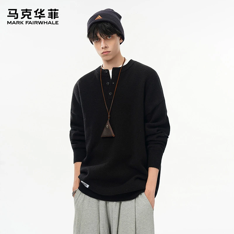马克华菲春秋纽扣圆领套头卫衣休闲男士韩版时尚百搭简约宽松毛衣