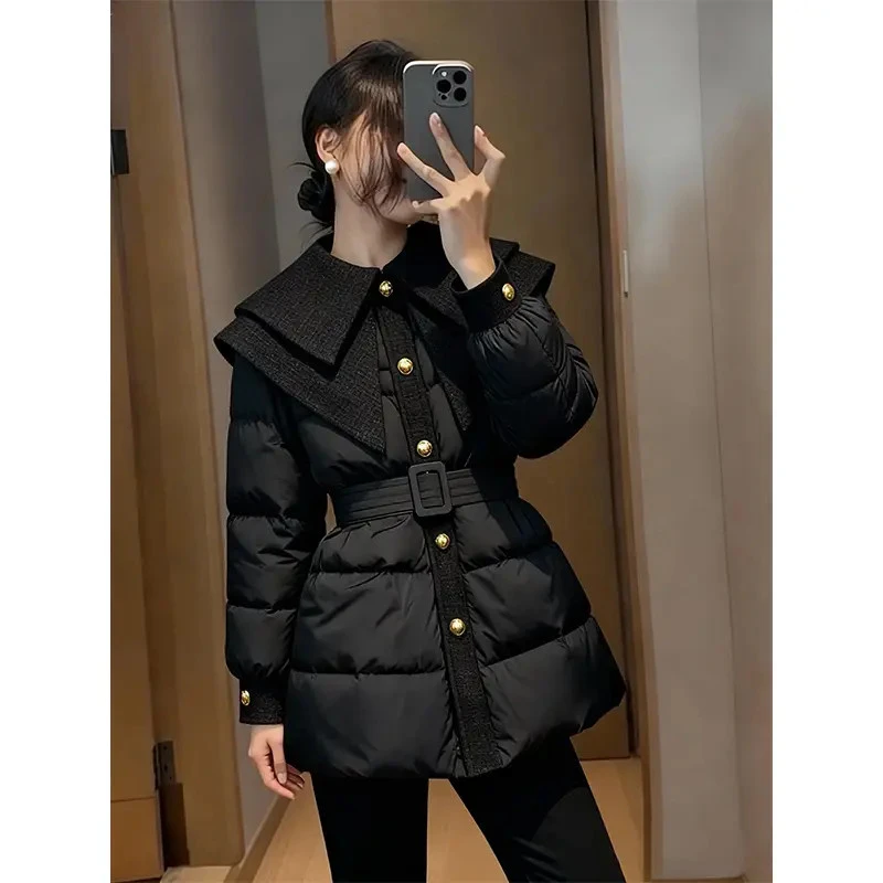 超好看夹棉厚外套女2025秋冬新款高端洋气翻领小香风收腰黑色棉服