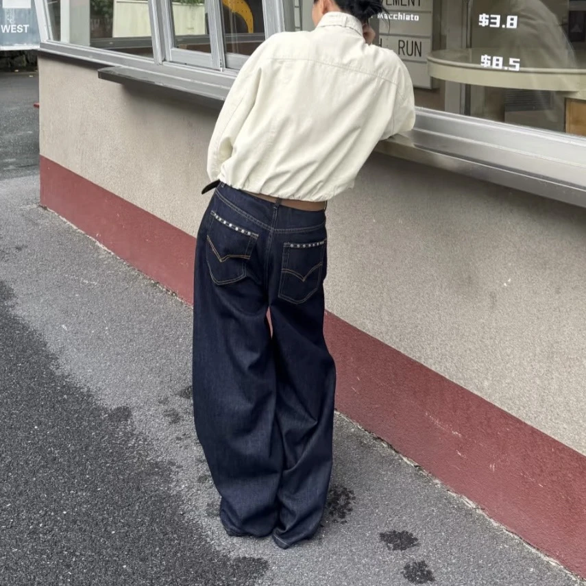 2025秋季新款铆钉口袋阔腿牛仔裤女显瘦直筒裤长裤