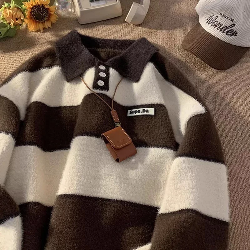 针织衫男士翻领条纹毛衣秋冬宽松慵懒风学院风情侣款加厚针织上衣