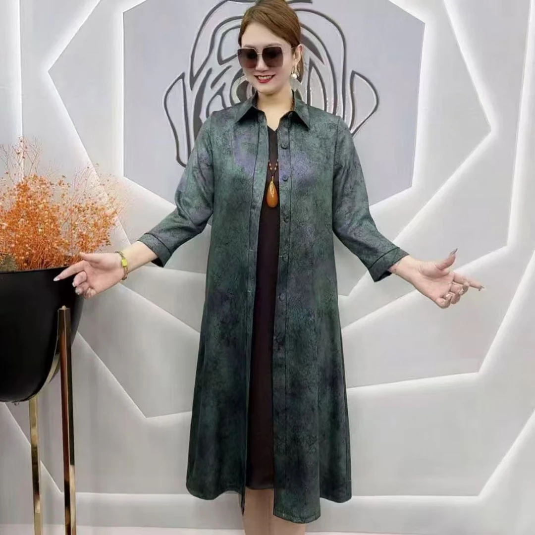 气质新款翻领大码外套中长款中老年炫彩花宽松外披风衣显瘦大衣