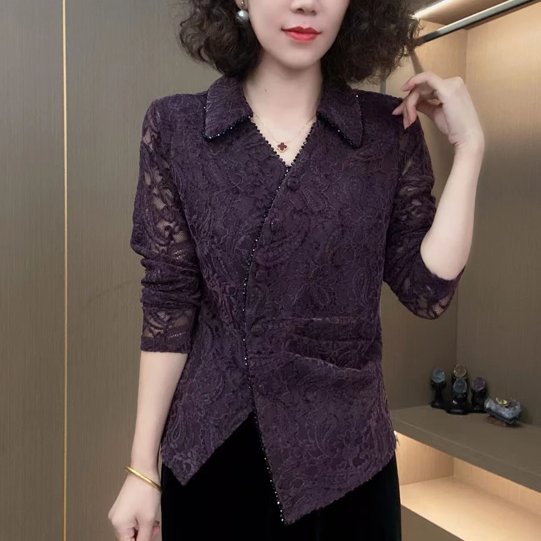 2025秋季长袖植绒蕾丝衬衫领开衫气质百搭显瘦女人洋气上衣