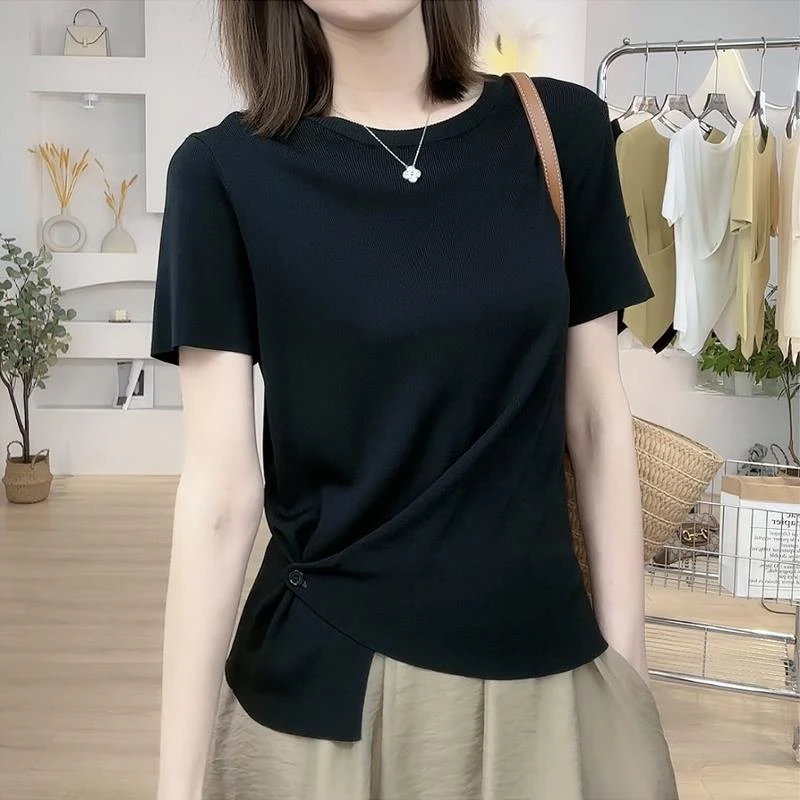 冰丝正肩短袖t恤女2025新款夏季宽松显瘦下摆暗扣别致上衣针织衫