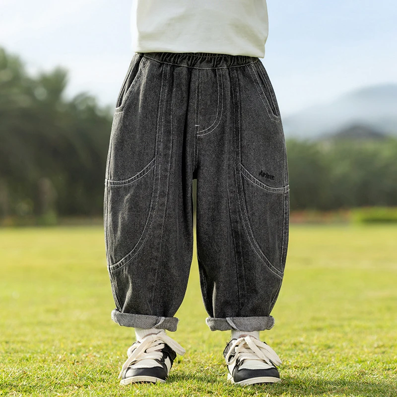 儿童衣2025春季新款童裤儿童复古黑灰色牛仔裤男女童帅气个性长裤