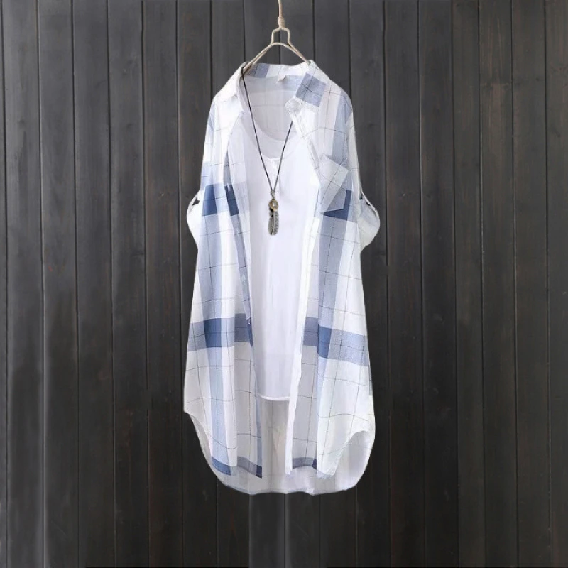 跨境出口蓝色格子衬衫中长款衫港味上衣长袖衬衣垂感薄外套