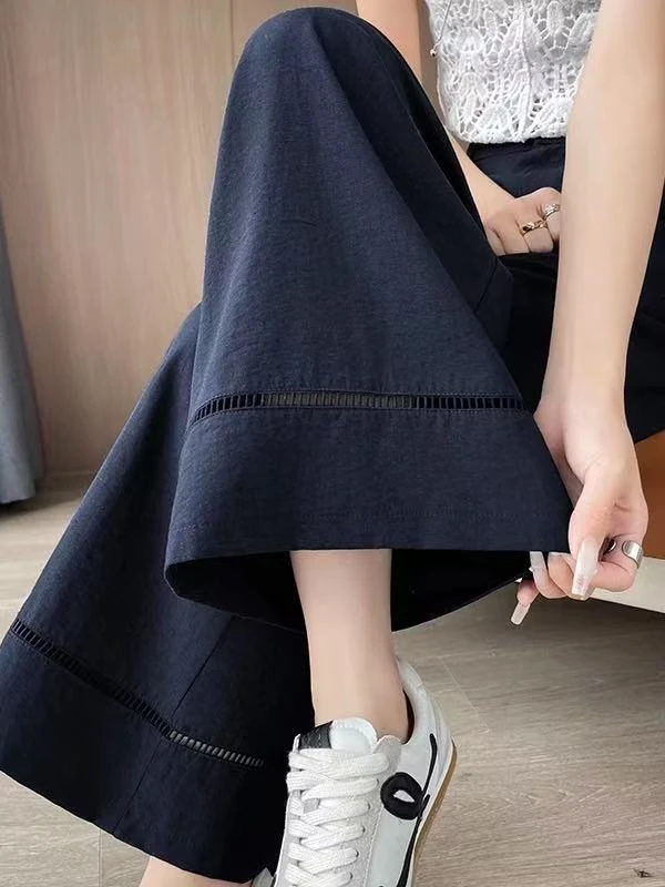镂空裤子女款夏季薄款2025新款高腰休闲九分天丝亚麻阔腿裤