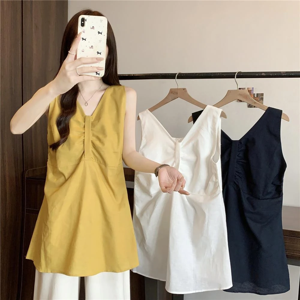 高级感单设棉麻V领背心吊带外穿女夏季宽松韩系黄色无袖衬衫上衣