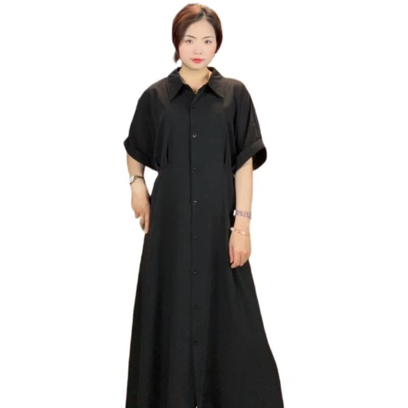 60751衬衫领短袖宽松连衣裙经典时尚大码显瘦遮肉时尚减龄