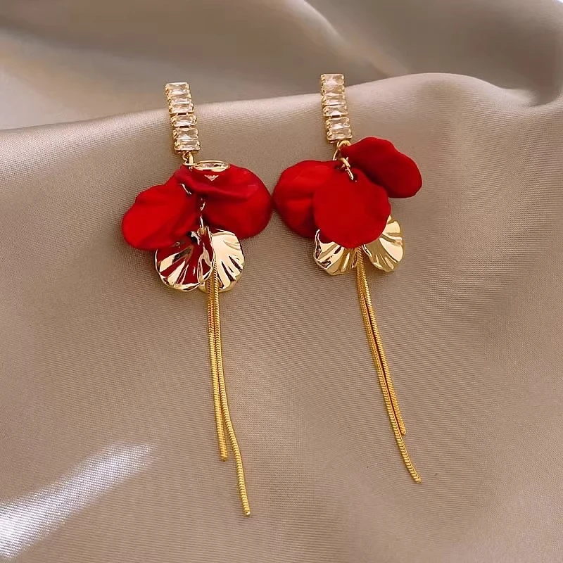 铜合金耳饰 红色撞色设计感长款小众百搭中国风花朵流苏耳饰耳环