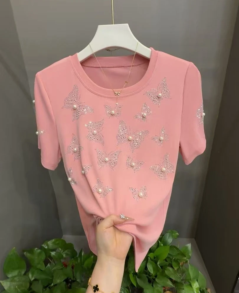 2025夏季显瘦粘钻遮肉大码薄款钉钻蝴蝶女士半袖916
