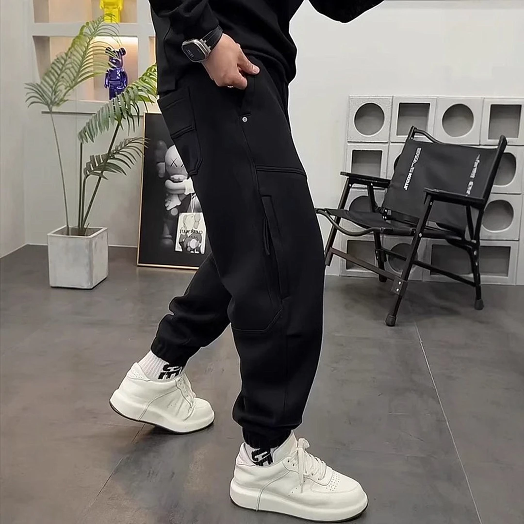 秋冬新款立体剪裁拼接拉链束脚卫裤男潮流水洗运动百搭宽松休闲裤