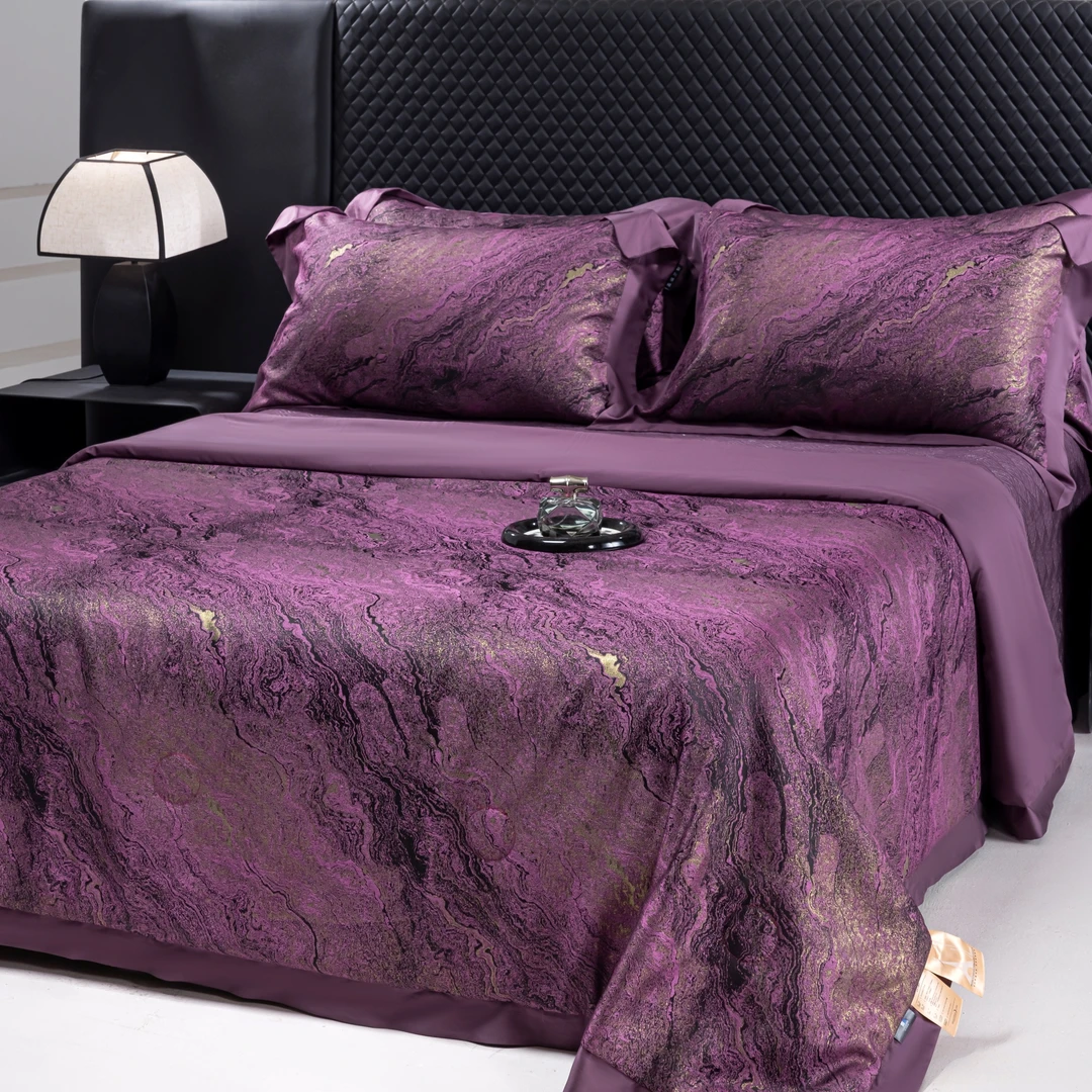 PAMPER 高端轻奢鎏金紫兰精天丝长绒棉色织提花床盖夏凉被四件套