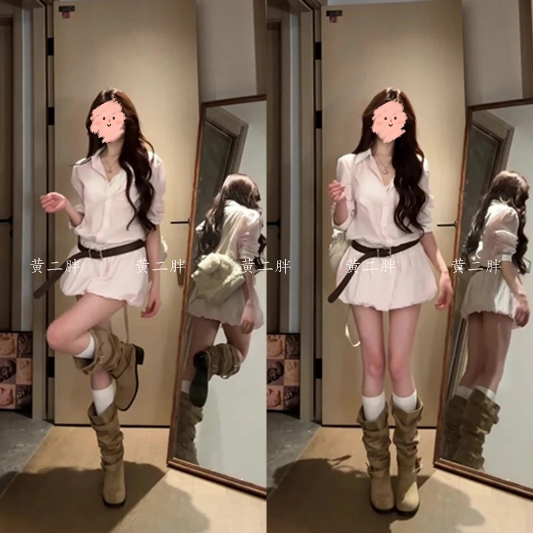 韩系粉色条纹衬衫连衣裙女2025春夏季新款长袖气质收腰花苞短裙子