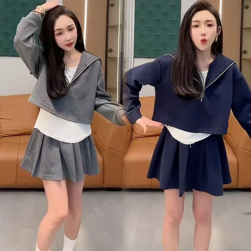 春季新款海军领短款卫衣打底背心百褶裙三件套时尚休闲套装女064
