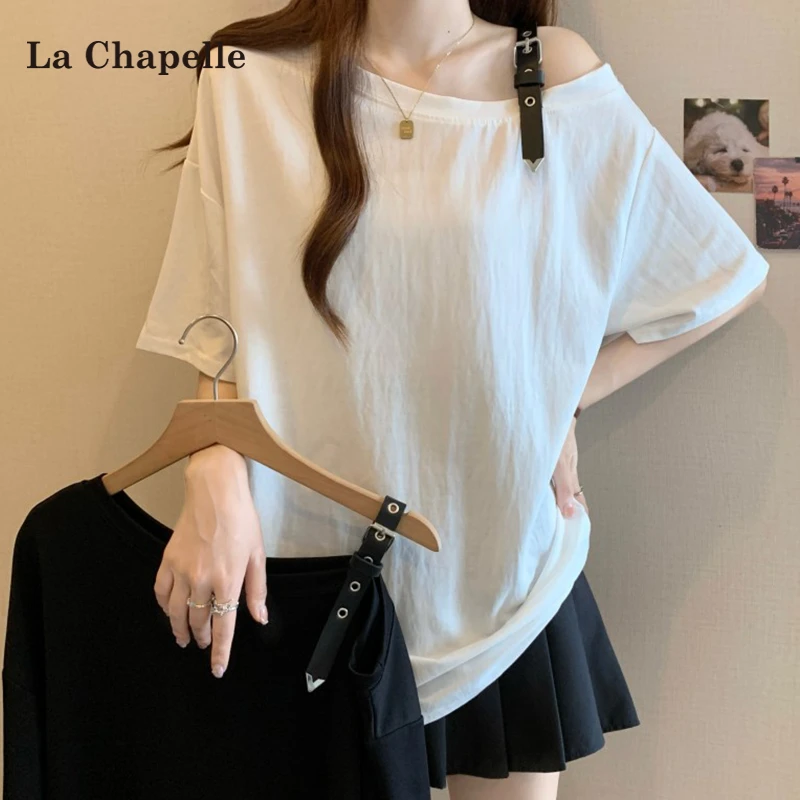 拉夏贝尔2025胖MM夏季单肩露锁骨纯色落肩袖宽松短袖T恤上衣女