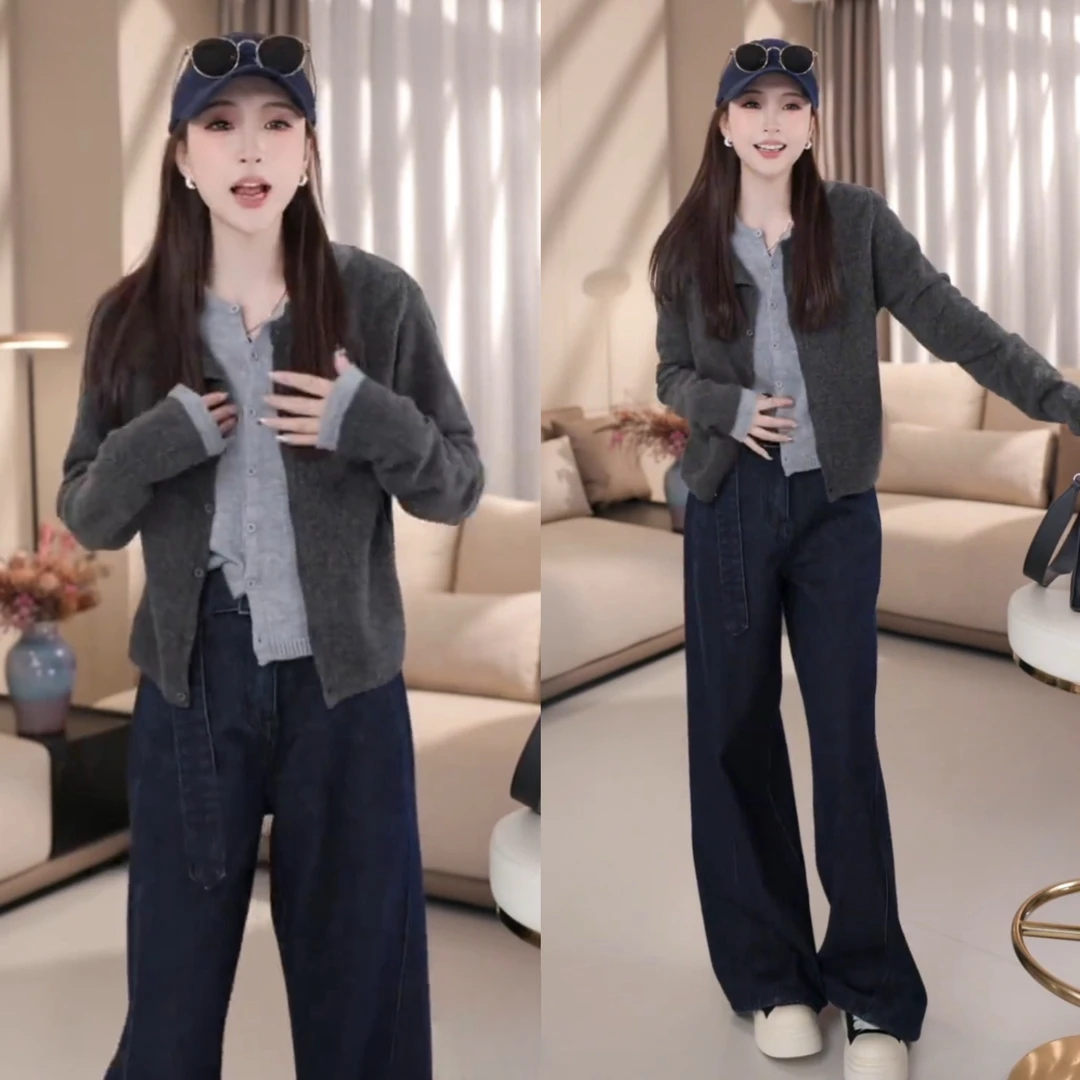 2025秋季韩系风假两件休闲百搭时尚毛衣+高腰复古原色牛仔阔腿裤