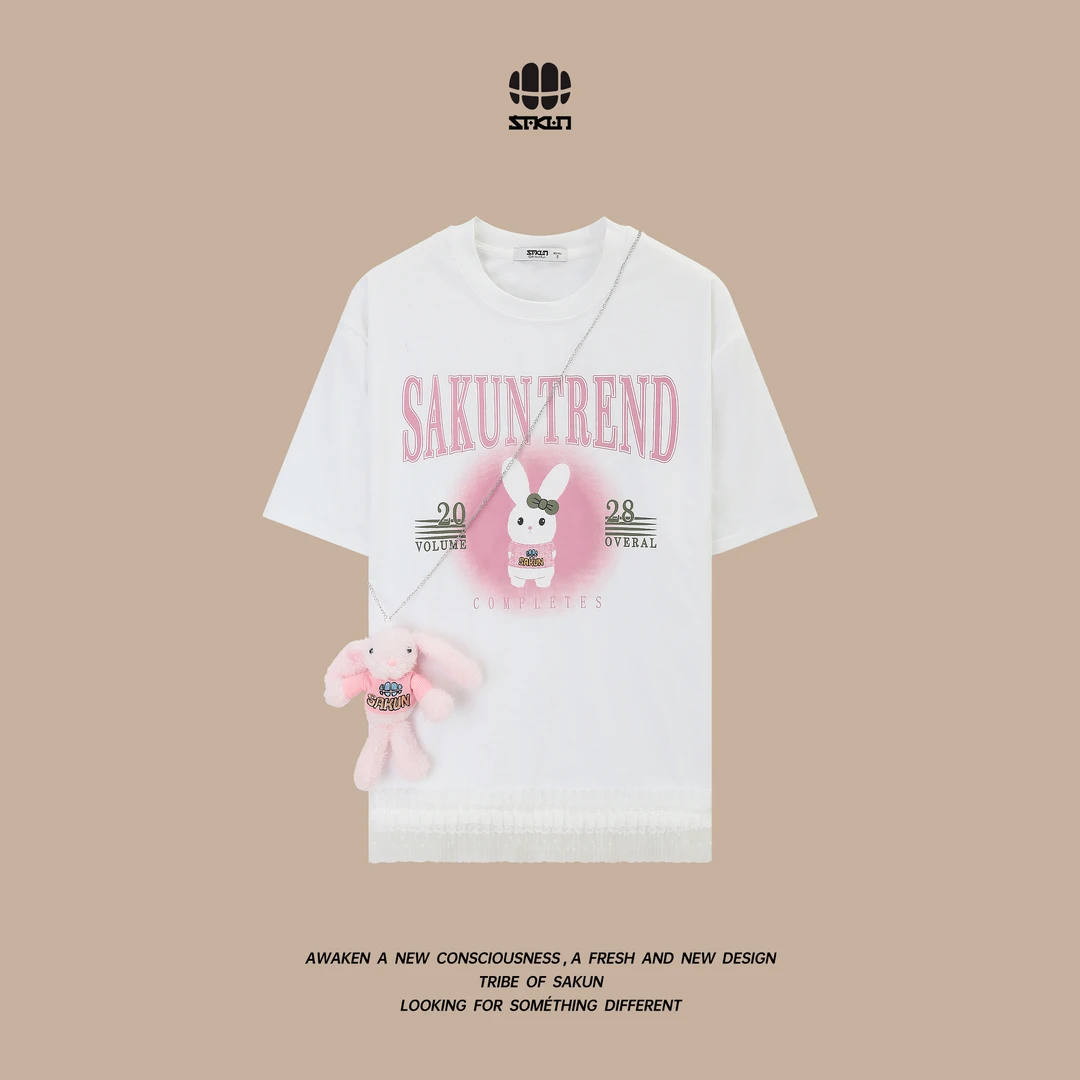 【欧若风】兔子T恤SAKUN设计感拼接蕾丝边喷画兔子T恤3152-1224691