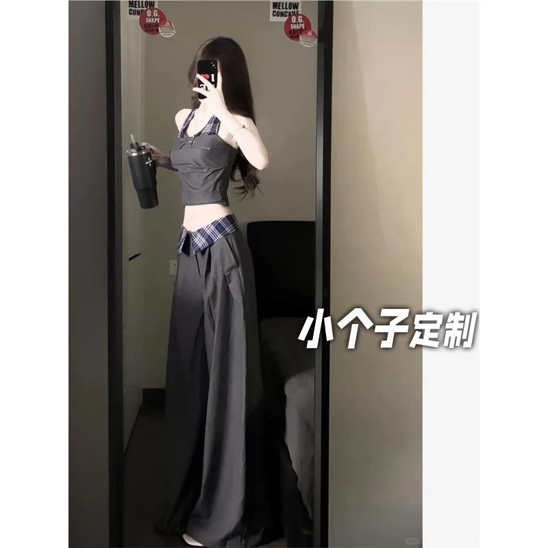 150小矮个子格纹拼接挂脖无袖上衣女夏季设计感高腰阔腿裤两件套