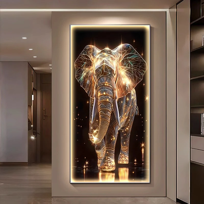 现代轻奢玄关装饰画高级感大象过道走廊尽头挂画入户门高端壁画灯