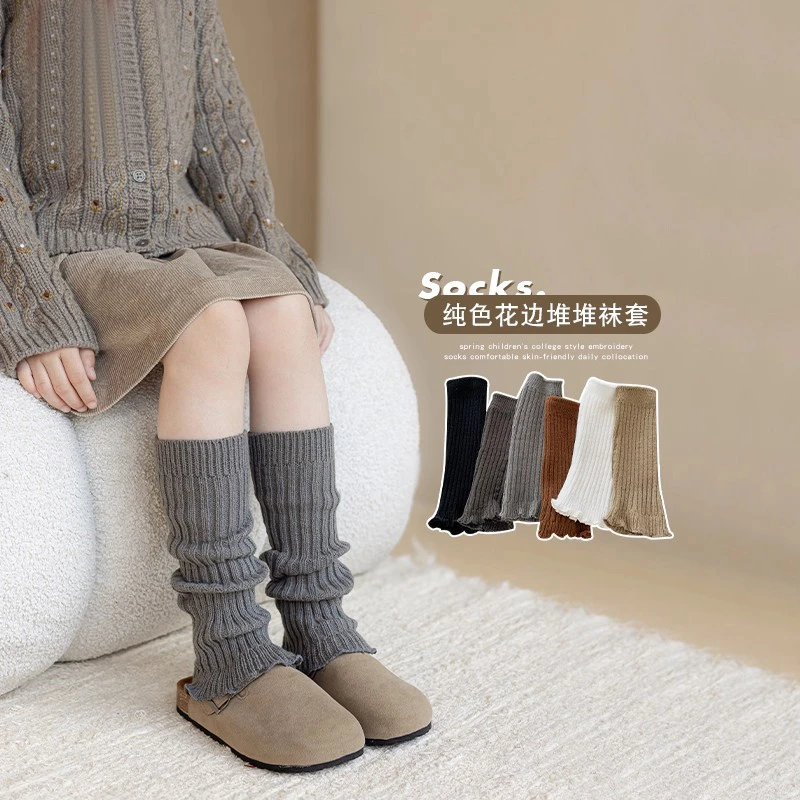 女童袜套春秋季儿童韩系纯色木耳花边针织堆堆袜秋天女孩小腿袜