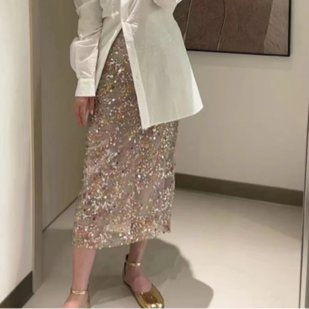 欧洲站2025夏季新款高级小众设计师重工刺绣亮片彩色叠穿半身裙