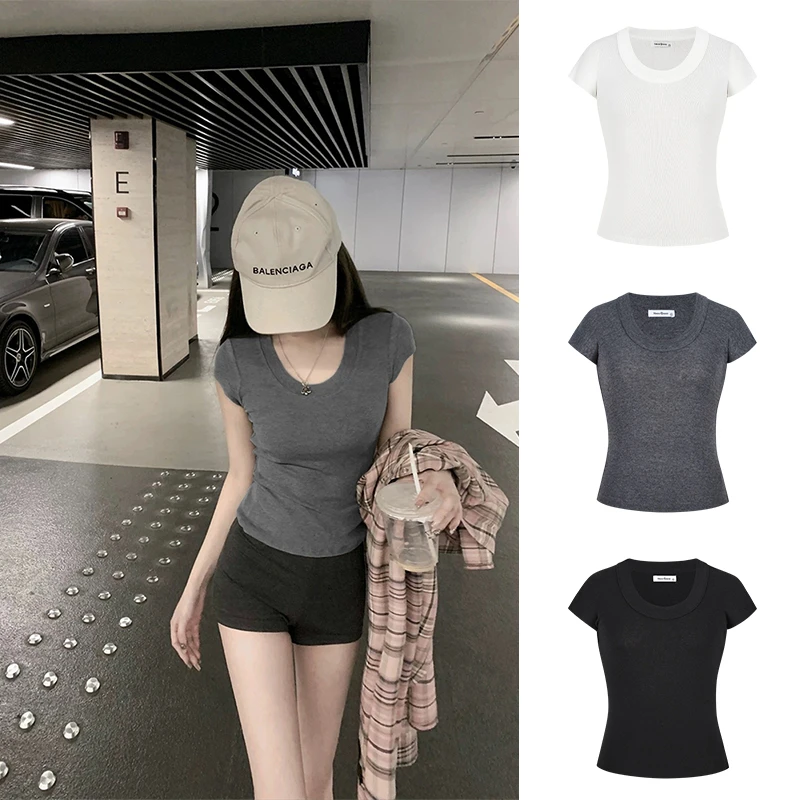 Moses Queen/魔西女王气质u领短袖T恤修身显瘦小飞袖短款上衣