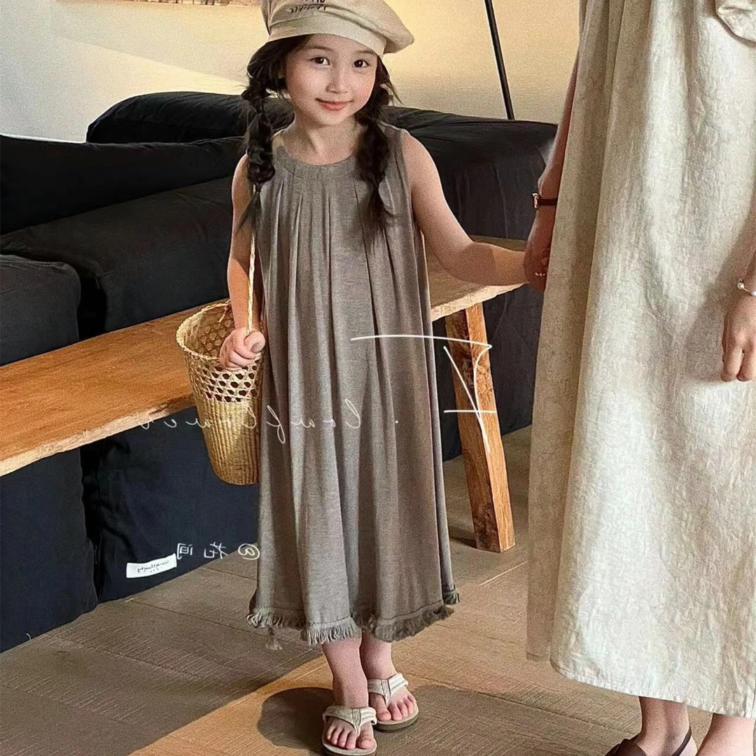 女童莫代尔连衣裙夏季新款流苏弹力洋气裙子中大童长款无袖垂感