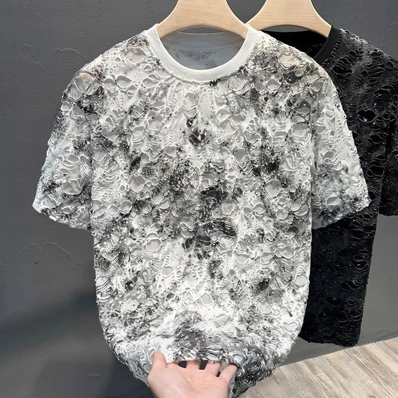 2025夏季新款潮牌T恤宽松休闲百搭扎染破洞设计感圆领男短袖上衣