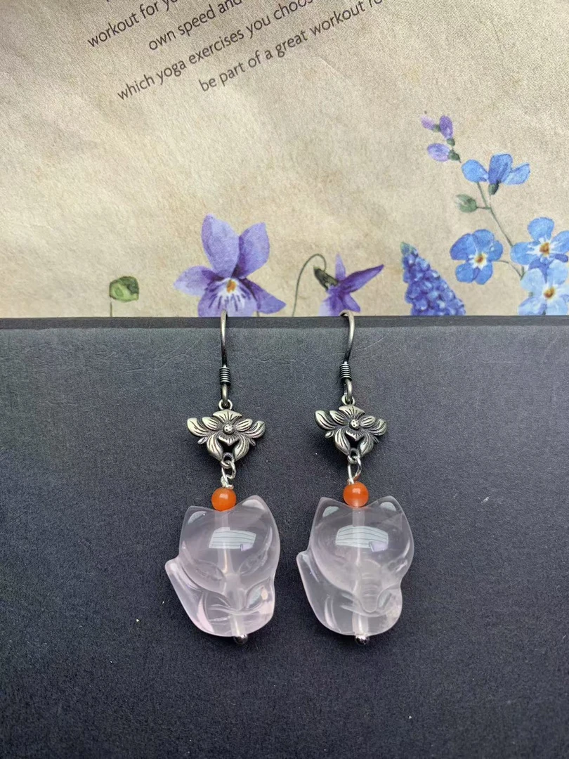 天然粉晶耳饰高端狐狸S925耳环经典精致粉耳坠复古女F66