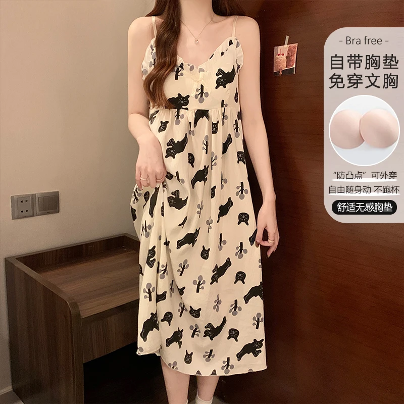 2025年新款吊带睡裙夏季带胸垫网红日系卡通小猫睡衣女夏天家居服