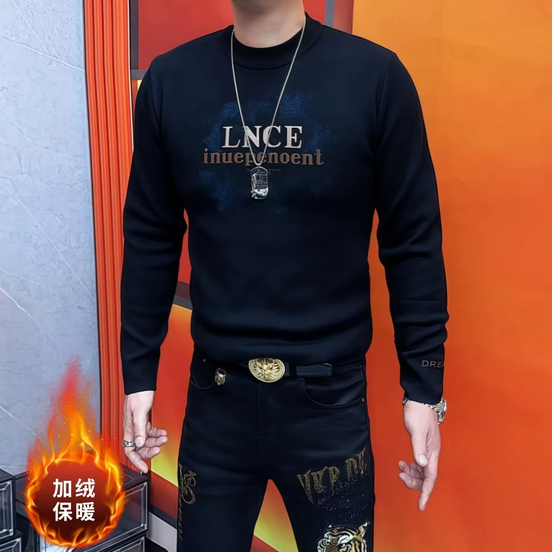 阿伟家冬季男士加绒针织毛衣时尚休闲长袖印花套头款打底衫上衣